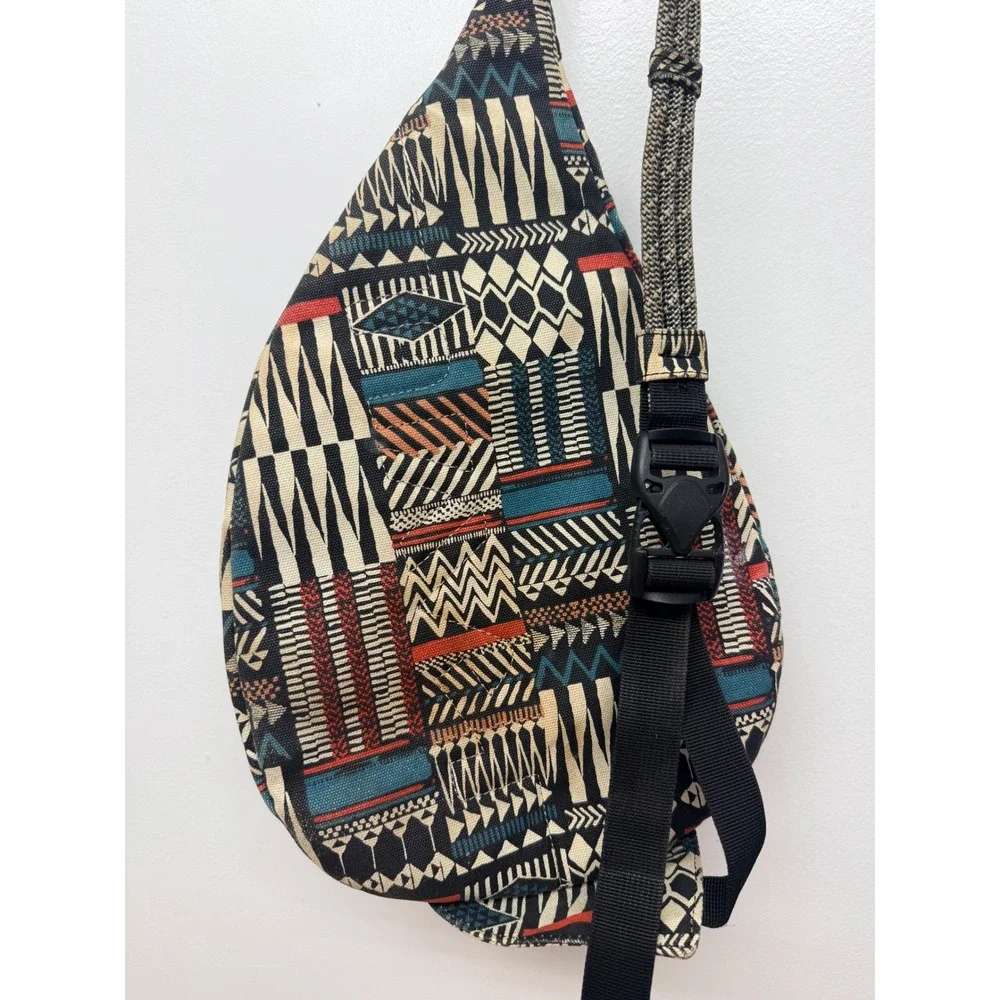 KAVU Rope Bag Canvas Sling Backpack Geometric Tribal Print Black Teal Orange #49
